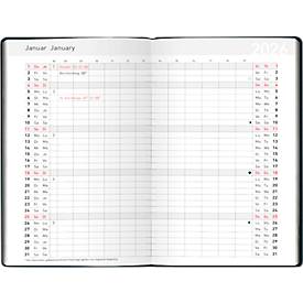 Taschenkalender Korsch Pluto 2026, 32 Seiten, Monatsübersicht, Kalendarium für D/GB/F/I, austauschbares Adressheft, B 87 x H 153 mm, PVC, schwarz
