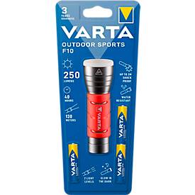 Taschenlampe VARTA Outdoor Sports F10, 250 lm, bis 130 m, bis 40 h, IPX4, 2 Leuchtmodi, nachtleuchtend, inkl. Batterien, Ø 40 x L 122 mm, rot-schwarz