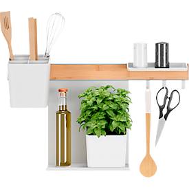 tesa® Küchenorganizer Kombi-Set M, Reling-System, weiß, selbstklebend mit Power.Kit, bis 10 kg, inkl. Kräutertöpfen, Ablagen, Haken