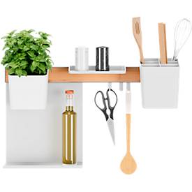 tesa® Küchenorganizer Kombi-Set M, Reling-System, weiß, selbstklebend mit Power.Kit, bis 10 kg, inkl. Kräutertöpfen, Ablagen, Haken