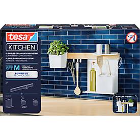 tesa® Küchenorganizer Kombi-Set M, Reling-System, weiß, selbstklebend mit Power.Kit, bis 10 kg, inkl. Kräutertöpfen, Ablagen, Haken