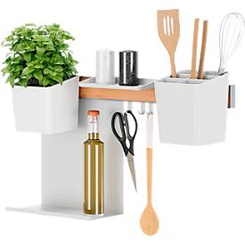 tesa® Küchenorganizer Kombi-Set M, Reling-System, weiß, selbstklebend mit Power.Kit, bis 10 kg, inkl. Kräutertöpfen, Ablagen, Haken