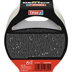 tesa® Montageband Ultra Power Clear, robust, temperatur-/wasser-/UV-beständig, von Hand einreißbar, 1 Rolle mit L 10 m x B 48 mm, transparent