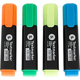 Textmarker, mit Keilspitze, lichtbeständig, schnell trocknend, farbsortiert, 4 Stück