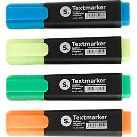 Textmarker S., mit Keilspitze, lichtbeständig, schnell trocknend, farbsortiert, 4 Stück