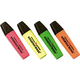 Textmarker STABILO® BOSS Original, Keilspitze, lichtbeständig, schnell trocknend, farbsortiert, 4 Stück
