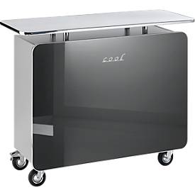 Theke Cool graphit, Milchglasplatte, 6 Fächer, 4 Rollen (2 feststellbar), 1400×580×1130 mm, gratis Stanley FATMAX Akku-Bohrschrauber