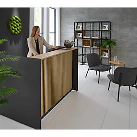 Theke Marino, klein, für 1 Person, elektrisch höhenverstellbar, Memorypanel, Akustikpaneele, Kabeldurchlass, Holz, Eiche-Dekor/anthrazit