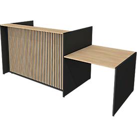Theke Marino, klein, für 1 Person, elektrisch höhenverstellbar, Memorypanel, Akustikpaneele, Kabeldurchlass, mit Tisch, Holz, Eiche-Dekor/anthrazit
