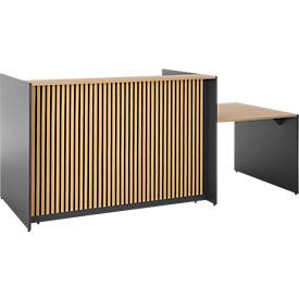 Theke Marino, klein, für 1 Person, elektrisch höhenverstellbar, Memorypanel, Akustikpaneele, Kabeldurchlass, mit Tisch, Holz, Eiche-Dekor/anthrazit