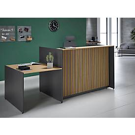 Theke Marino, klein, für 1 Person, elektrisch höhenverstellbar, Memorypanel, Akustikpaneele, Kabeldurchlass, mit Tisch, Holz, Eiche-Dekor/anthrazit