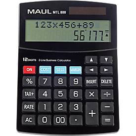 Tischrechner MAUL MTL800, 12 Stellen, 2 Zeilen, kaufmännische Funktionen, Solar- & Batteriebetrieb, B 140 x T 190 x H 30
