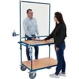 Tischwagen, 2 Etagen, mit Infektionsschutzrahmen & 2 Halterungen für Desinfektionsmittelflaschen/Sprühflaschen, RAL 5007