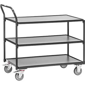 Tischwagen, 3 Ebenen, Stahl/Holz, versch. Ladeflächen, bis 300 kg, TPE-Bereifung