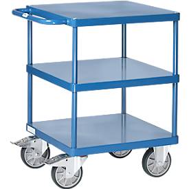 Tischwagen Fetra 2416B, bis 500 kg, 3 Etagen mit Plattformen, Ladefläche L 600 x B 600 mm, TPE-Bereifung, Schiebegriff, Stahl, brillantblau