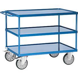 Tischwagen Fetra 2421W, bis 600 kg, 3 Etagen mit Wannen, Ladefläche L 1000 x B 600 mm, TPE-Bereifung, Schiebegriff, Stahl, brillantblau