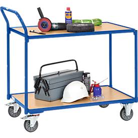 Tischwagen Fetra 2740, 2 Etagen, L 850 x B 500 mm, bis 300 kg, 2 Schiebebügel, Lenk- & Bockrollen, Holz & Stahl, brillantblau RAL 5007