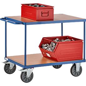 Tischwagen, Stahl/Holz, 2 Etagen, L 1000 x B 700 mm, bis 600 kg, brillantblau/Buchedekor