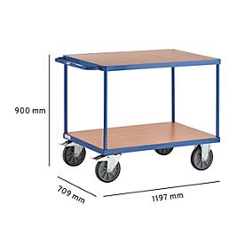 Tischwagen, Stahl/Holz, 2 Etagen, L 1000 x B 700 mm, bis 600 kg, brillantblau/Buchedekor
