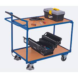 Tischwagen, Stahl/MDF-Platte, Enzianblau/Buche-Dekor, 2 Etagen, L 985 x B 605 mm, Rohrschiebegriff, TPE-Rollen mit Totmannbremse, bis 250 kg