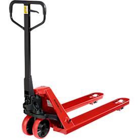 Transpalette - commande manuelle de levage - L 1550 x l. 540 x H 1230 mm - capacité de charge jusqu'à 2000 kg - fourche et roulettes pivotantes – rouge - notre marque Schäfer Shop Pure