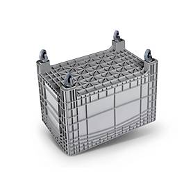 Transport-und Stapelbehälter, ohne Deckel, Boden & Wände geschlossen, Volumen 535 l, Traglast bis 300 kg, Lenk- & Bockrollen, B 1200 x T 800 x H 950 mm, lebensmittelechtes Polyethylen, grau