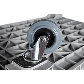 Transport-und Stapelbehälter, ohne Deckel, Boden & Wände geschlossen, Volumen 535 l, Traglast bis 300 kg, Lenk- & Bockrollen, B 1200 x T 800 x H 950 mm, lebensmittelechtes Polyethylen, grau