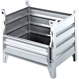 Transport- und Stapelbehälter Schäfer Shop Select, mit Klappe, B 850 x T 650 x H 670 mm, feuerverzinkt, bis 800 kg