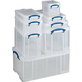 Transportbox Really Useful Box, Volumen 64 l, L 710 x B 440 x H 310 mm, stapelbar, mit Deckel & Klappgriffen, PP, transparent