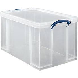 Transportbox Really Useful Box, Volumen 84 l, L 710 x B 440 x H 380 mm, stapelbar, mit Deckel & Klappgriffen, PP, transparent