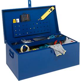 Transportkiste, Dokumentenfach, herausnehmbares Werkzeugfach, L 830 x B 440 x H 340 mm, Stahlblech, RAL 5010