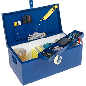 Transportkiste, Dokumentenfach, herausnehmbares Werkzeugfach, L 830 x B 440 x H 340 mm, Stahlblech, RAL 5010