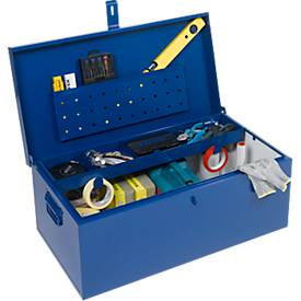 Transportkiste, Dokumentenfach, herausnehmbares Werkzeugfach, L 830 x B 440 x H 340 mm, Stahlblech, RAL 5010