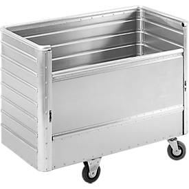 Transportwagen aus eloxiertem Aluminium, absenkbare Längswand, 650 Liter, ohne Deckel