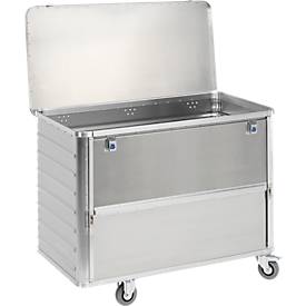 Transportwagen aus Leichtmetall, absenkbare Längswand, 650 Liter, mit Deckel