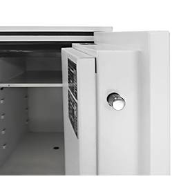 Tresor FRS 75, Feuerwiderstand LFS 60P nach EN 15659, Sicherheitsstufe S 2, Elektronikschloss &amp; Drehgriff, 1 Fachboden &amp; 1 Auszugsschublade, B 485 x T 450 x H 792 mm, lichtgrau RAL 7035