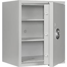 Tresor Lyra 3, Widerstandsgrad 0 nach EN 1143-1, Volumen 66 l, Türanschlag rechts, Doppelbartschloss mit 2 Schlüsseln, 2 Fachböden, inkl. Verankerungsmaterial, B 500 x T 420 x H 605 mm, lichtgrau RAL 7035