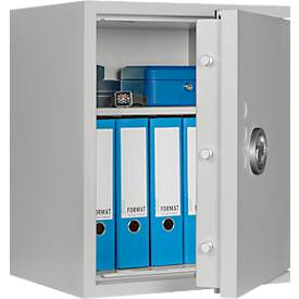 Tresor Lyra 3, Widerstandsgrad 0 nach EN 1143-1, Volumen 66 l, Türanschlag rechts, Doppelbartschloss mit 2 Schlüsseln, 2 Fachböden, inkl. Verankerungsmaterial, B 500 x T 420 x H 605 mm, lichtgrau RAL 7035