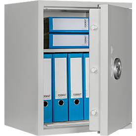 Tresor Lyra 3, Widerstandsgrad 0 nach EN 1143-1, Volumen 66 l, Türanschlag rechts, Doppelbartschloss mit 2 Schlüsseln, 2 Fachböden, inkl. Verankerungsmaterial, B 500 x T 420 x H 605 mm, lichtgrau RAL 7035