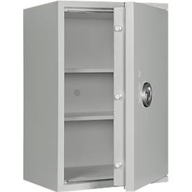 Tresor Lyra 4, Widerstandsgrad I nach EN 1143-1, Volumen 84 l, Türanschlag rechts, Doppelbartschloss mit 2 Schlüsseln, 2 Fachböden, inkl. Verankerungsmaterial, B 500 x T 420 x H 750 mm, lichtgrau RAL 7035