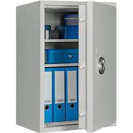 Tresor Lyra 4, Widerstandsgrad I nach EN 1143-1, Volumen 84 l, Türanschlag rechts, Doppelbartschloss mit 2 Schlüsseln, 2 Fachböden, inkl. Verankerungsmaterial, B 500 x T 420 x H 750 mm, lichtgrau RAL 7035