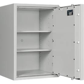 Tresor Lyra 4, Widerstandsgrad I nach EN 1143-1, Volumen 84 l, Türanschlag rechts, Doppelbartschloss mit 2 Schlüsseln, 2 Fachböden, inkl. Verankerungsmaterial, B 500 x T 420 x H 750 mm, lichtgrau RAL 7035