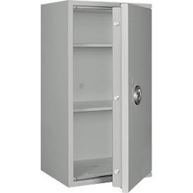 Tresor Lyra 5, Widerstandsgrad 0 nach EN 1143-1, Volumen 109 l, Türanschlag rechts, Doppelbartschloss mit 2 Schlüsseln, 2 Fachböden, inkl. Verankerungsmaterial, B 500 x T 420 x H 950 mm, lichtgrau RAL 7035