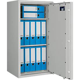 Tresor Lyra 5, Widerstandsgrad 0 nach EN 1143-1, Volumen 109 l, Türanschlag rechts, Doppelbartschloss mit 2 Schlüsseln, 2 Fachböden, inkl. Verankerungsmaterial, B 500 x T 420 x H 950 mm, lichtgrau RAL 7035