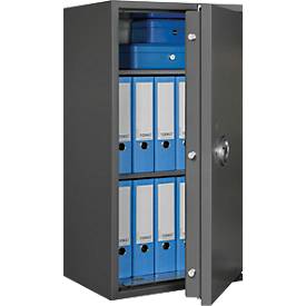 Tresor Lyra 5, Widerstandsgrad I nach EN 1143-1, Volumen 109 l, Türanschlag rechts, Doppelbartschloss mit 2 Schlüsseln, 2 Fachböden, inkl. Verankerungsmaterial, B 500 x T 420 x H 950 mm, graphitgrau RAL 7024