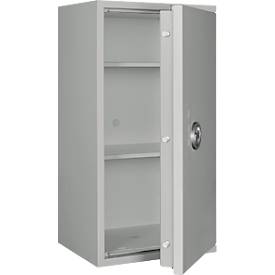 Tresor Lyra 5, Widerstandsgrad I nach EN 1143-1, Volumen 109 l, Türanschlag rechts, Doppelbartschloss mit 2 Schlüsseln, 2 Fachböden, inkl. Verankerungsmaterial, B 500 x T 420 x H 950 mm, lichtgrau RAL 7035