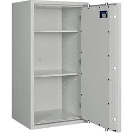 Tresor Lyra 5, Widerstandsgrad I nach EN 1143-1, Volumen 109 l, Türanschlag rechts, Doppelbartschloss mit 2 Schlüsseln, 2 Fachböden, inkl. Verankerungsmaterial, B 500 x T 420 x H 950 mm, lichtgrau RAL 7035