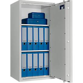 Tresor Lyra 7, Widerstandsgrad 0 nach EN 1143-1, Volumen 118 l, Türanschlag rechts, Doppelbartschloss mit 2 Schlüsseln, 2 Fachböden, inkl. Verankerungsmaterial, B 500 x T 420 x H 1020 mm, lichtgrau RAL 7035