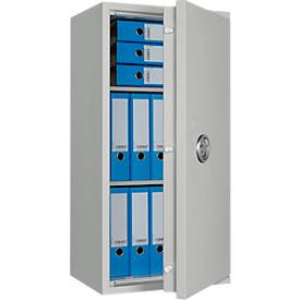 Tresor Lyra 7, Widerstandsgrad I nach EN 1143-1, Volumen 118 l, Türanschlag rechts, Doppelbartschloss mit 2 Schlüsseln, 2 Fachböden, inkl. Verankerungsmaterial, B 500 x T 420 x H 1020 mm, lichtgrau RAL 7035