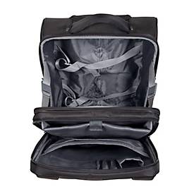 Trolley Lightpak LANDO, 2 Hauptfächer, Laptopfach bis 15'', Handyfach, 6 Einsteckfächer, Reißverschlussfach, 2 Vortaschen, Teleskopgriff, Nylon, schwarz